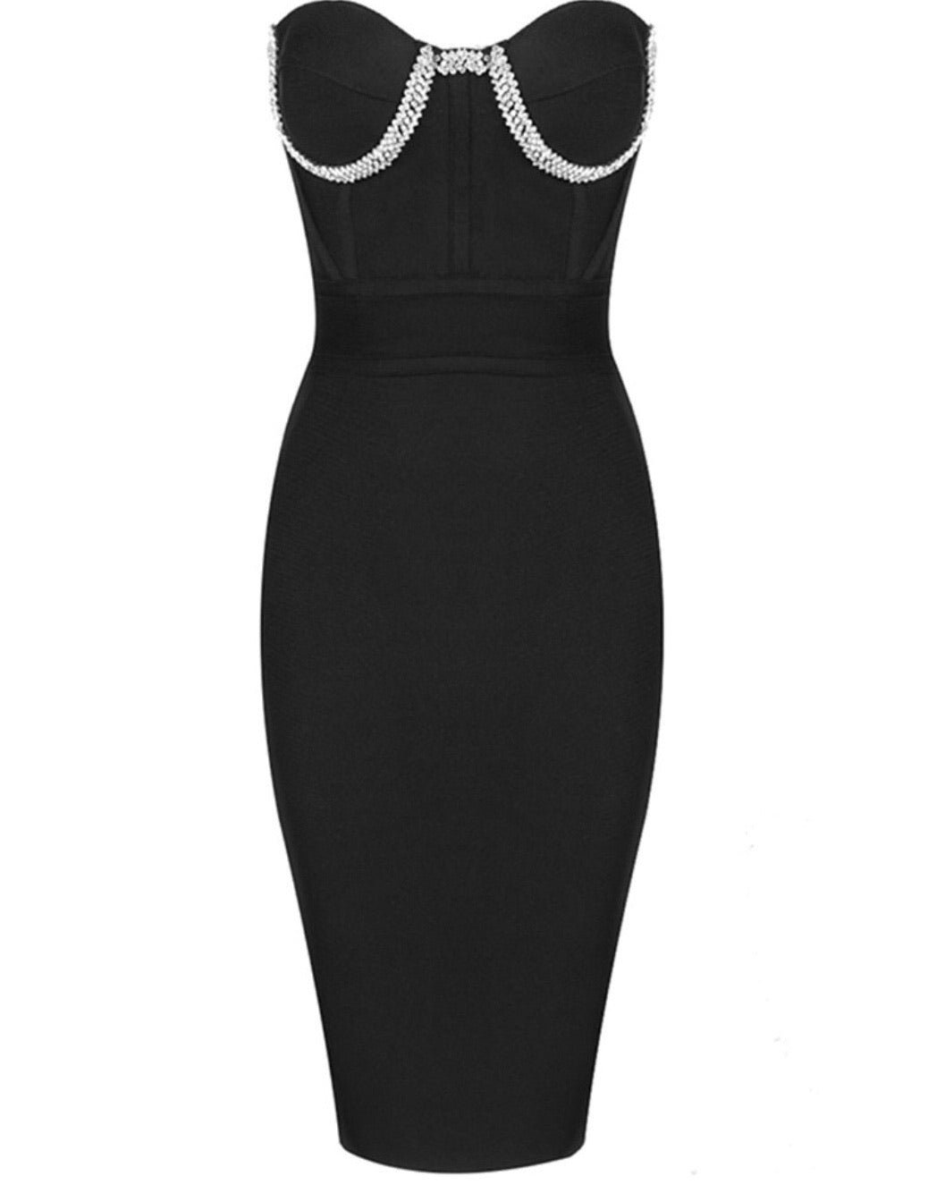 Everly Strapless Black Embellished Bustier Midi Dress