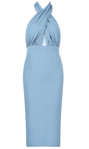 Lainey Blue Halter Cross Over Front Midi Dress