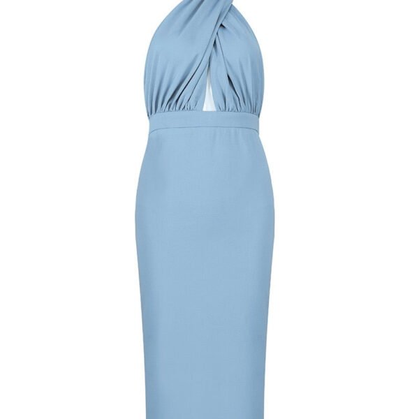 Lainey Blue Halter Cross Over Front Midi Dress