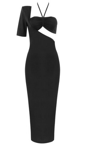 Avery Black Cut Out Asymmetrical Midi Dress