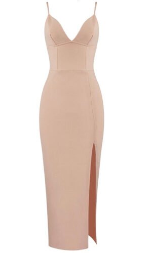 Lelani Beige Spaghetti Strap Midi Dress