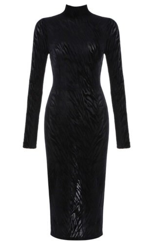 Moira Black Mesh Long Sleeve Animal Print Midi Dress