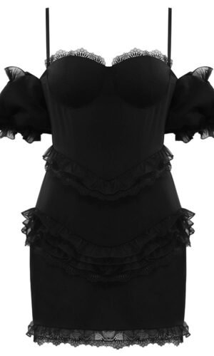 Calliope Black Puff Sleeve Mini Frill Lace Dress