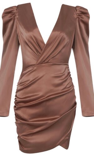 Rose Brown Long Sleeve Draped Mini Dress