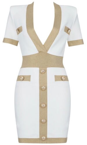 Gianna Gold White Long Sleeve Mini Dress with Glitter Detail