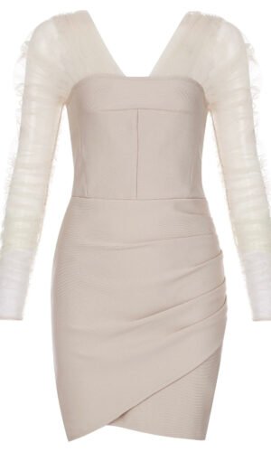 Kumasi Beige Mesh Long Sleeve Mini Dress