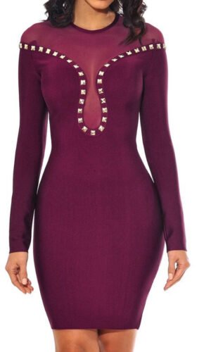 Rylie Purple Long Sleeve Studded Bandage Dress