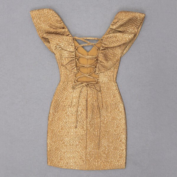 Michaela Gold Ruffle Sleeve Sparkly Mini Dress with Lace Up Back - Image 6