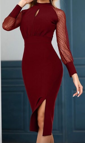 Grace Mesh Long Sleeve Burgundy Midi Dress