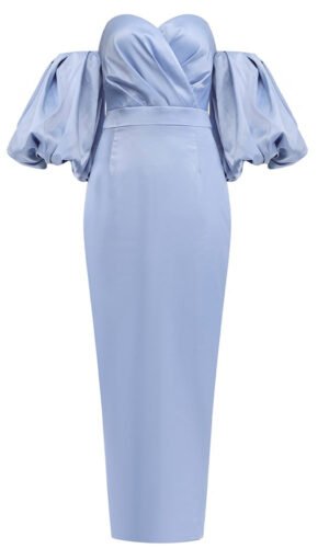 Ingrid Blue Puff Sleeve Midi Satin Dress