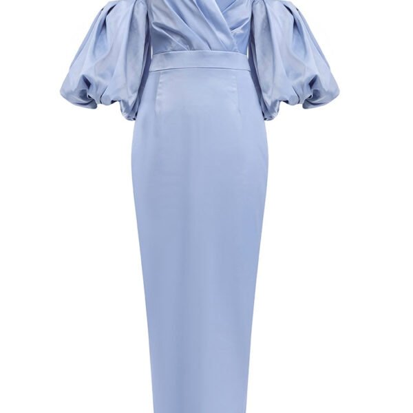 Ingrid Blue Puff Sleeve Midi Satin Dress