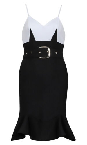 Magnolia Black White Fluted Mini Dress with Belt Detail