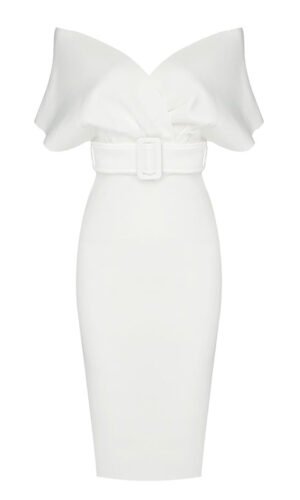Freya White Off The Shoulder Midi Dress with Belt