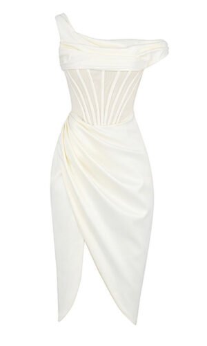 Ryann White Off Shoulder Satin Midi Dress