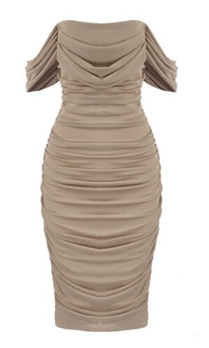 Nicoline Sexy Off Shoulder Midi Dress- Beige