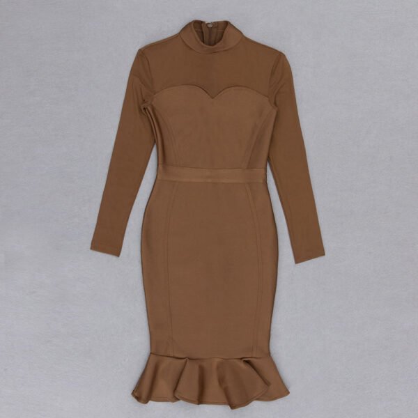 Della Brown Mesh Long Sleeve Midi Dress with Ruffle Hem - Image 5