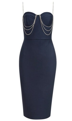 Aleena Navy Blue Rhinestone Straps Midi Dress