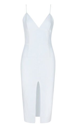 Neida White V-Neck Front Slit Midi Bandage Dress