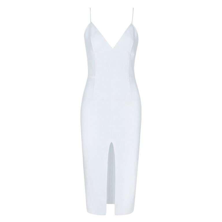 Neida White V-Neck Front Slit Midi Bandage Dress