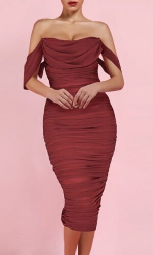 Nicoline Sexy Off Shoulder Midi Dress- Burgundy