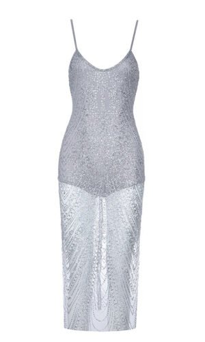 Jaylinn Silver Mesh Spaghetti Strap Dress