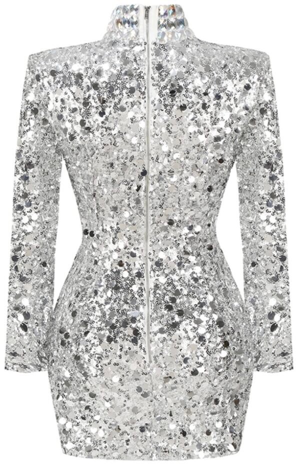 Alaiya Long Sleeve Silver Crystal Sequin Mini Dress