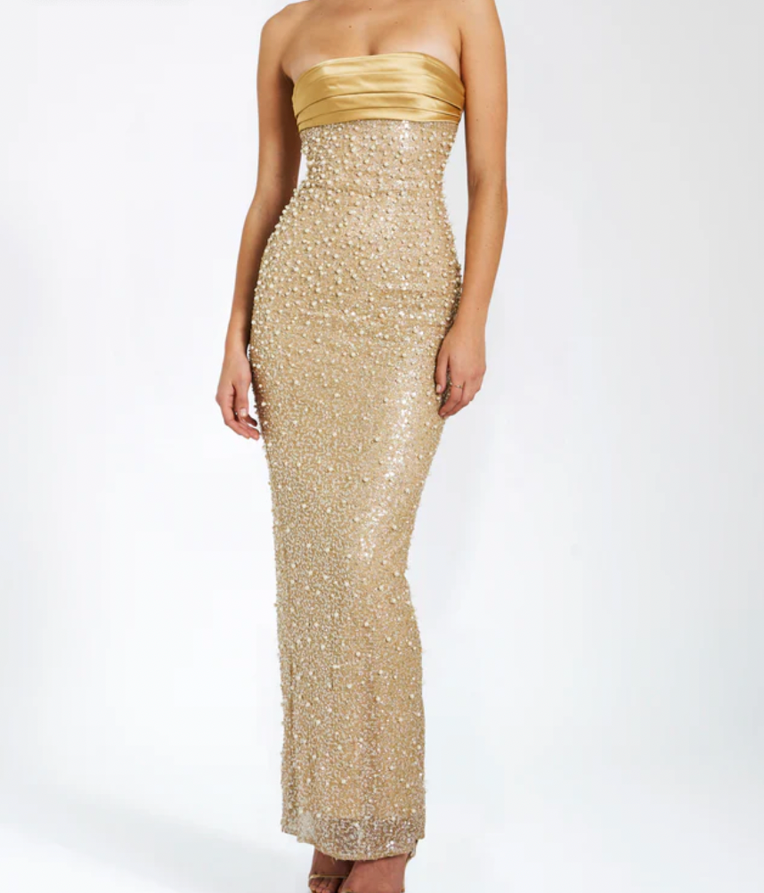 Wrenlee Pearl Strapless Gold Sequin Maxi Dress - BWCLOSET