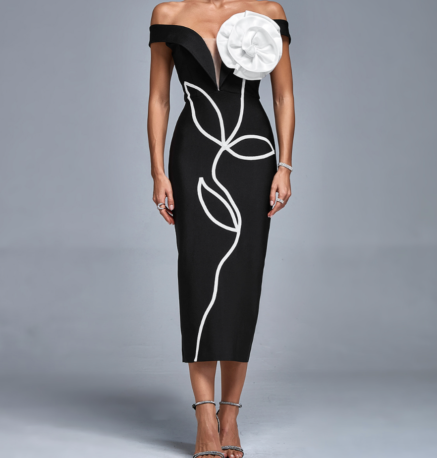 Amiri Floral Bardot Black White Midi Dress