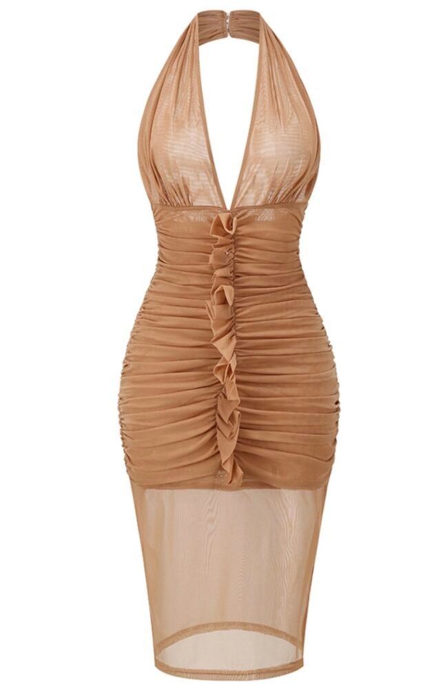 Georgina Beige Halter Ruched Mesh Midi Dress